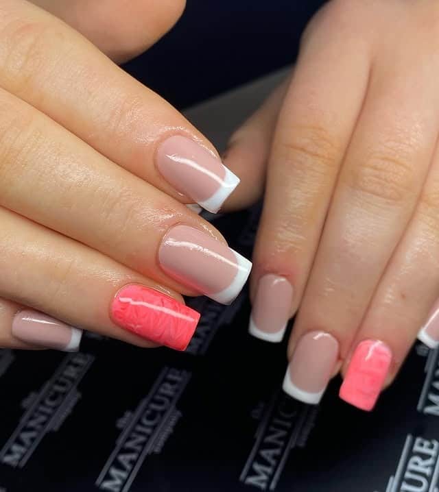 18. White French with Neon Coral Accent Squares - summer square nail ideas