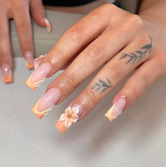 19. Peach Blossom 3D French Squares - summer square nail ideas
