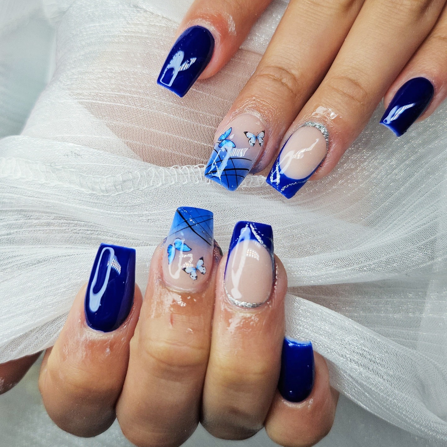 20. Midnight Blue Butterfly Square Nails - summer square nail ideas