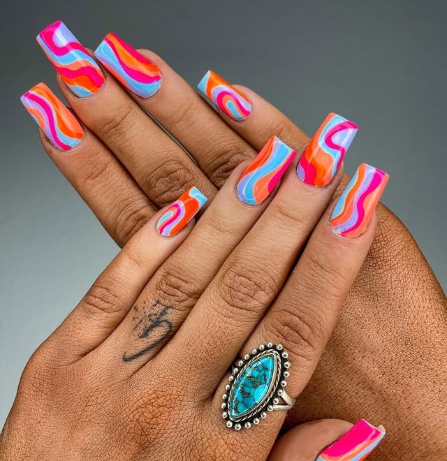 21. Vibrant Wave Mix Square Nails - summer square nail ideas