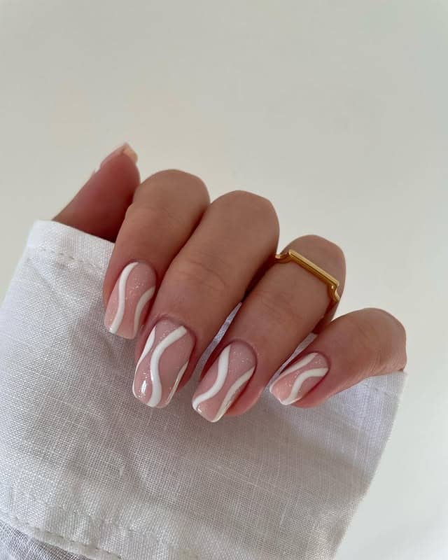 22. Soft White Wavy Line Square Nails - summer square nail ideas