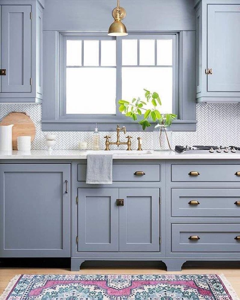 1. Powder Blue Classic with Brass Details - kitchen cabinet paint ideas