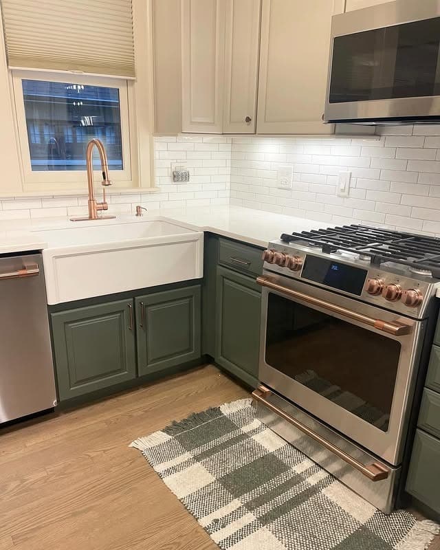 8. Olive Green and Copper Modern Farmhouse - kitchen cabinet paint ideas