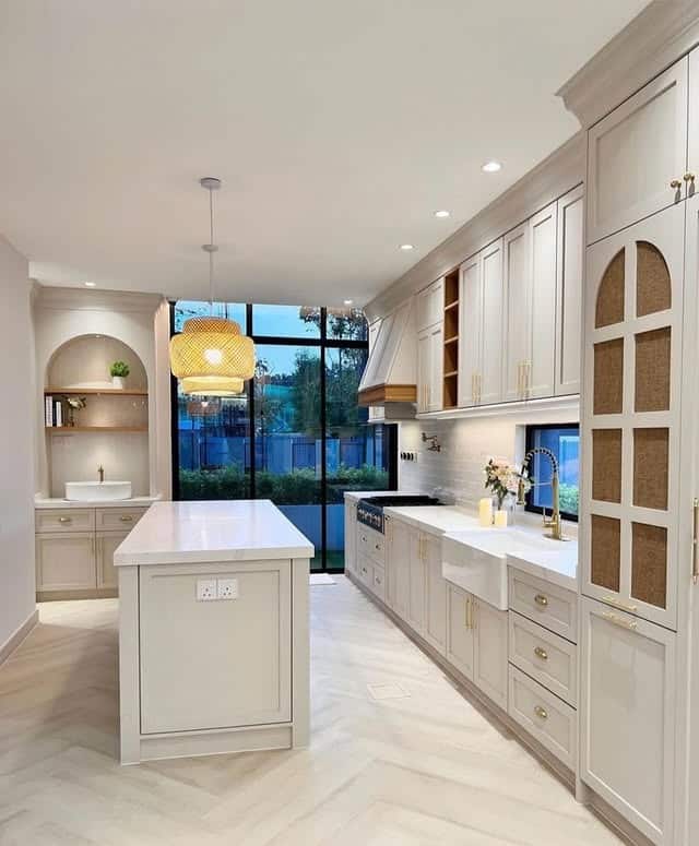 14. Creamy Taupe with Gold Accents - kitchen cabinet paint ideas