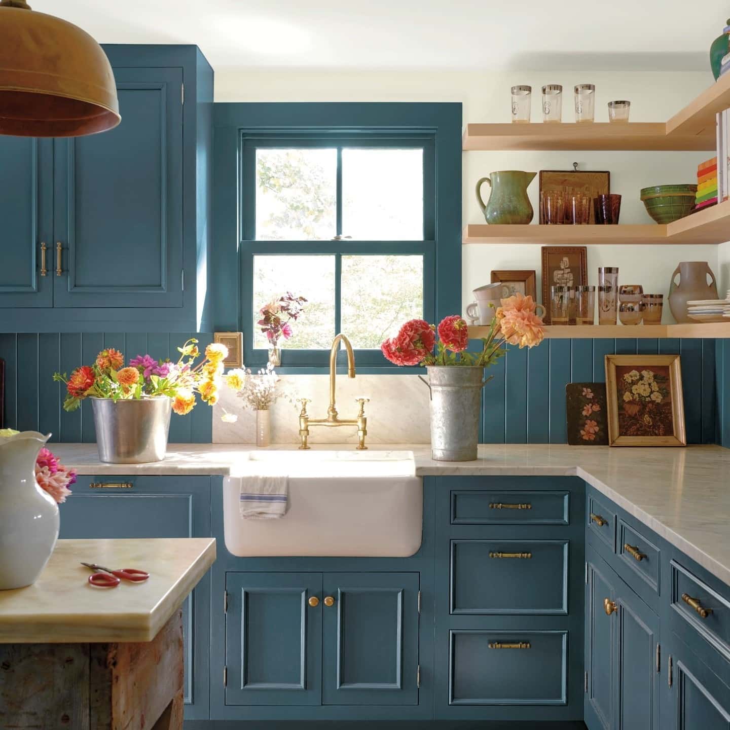 16. Teal Artisan Cottage Style - kitchen cabinet paint ideas