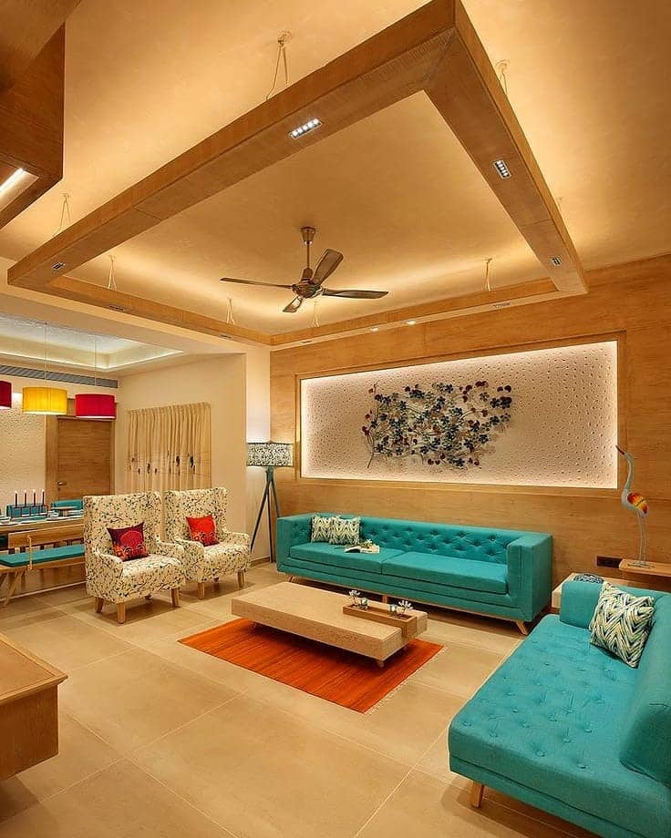 2. Contemporary Living Room in Aqua and Beige - indian style living room ideas