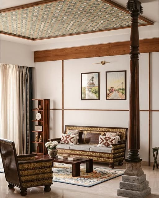 13. Traditional Living Room with Printed Ceiling Detail - indian style living room ideas