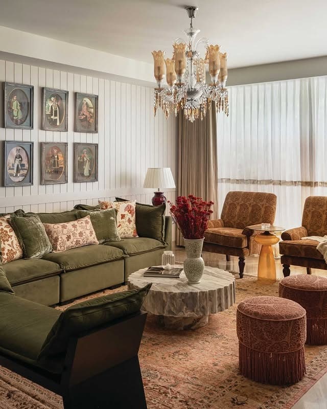 14. Olive and Gold Living Room with Classic Detailing - indian style living room ideas