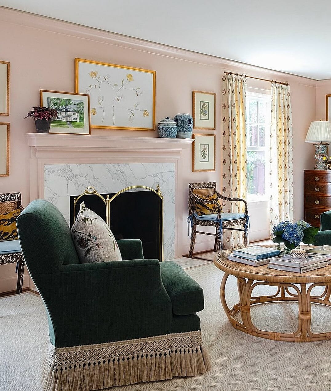 18. Pastel Pink Living Room with Classic Green Seating - indian style living room ideas