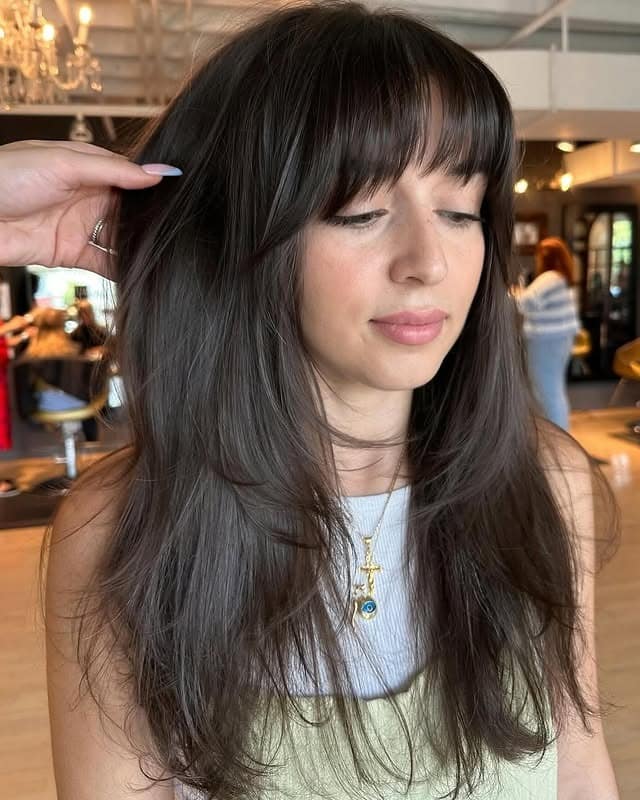 7. Voluminous Dark Layers With Full Bangs - Bangs Hairstyles