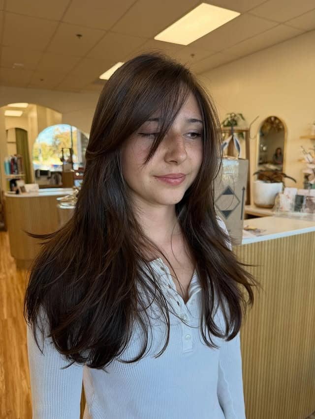 20. Soft Layered Brunette Cut With Side-Swept Fringe - Bangs Hairstyles