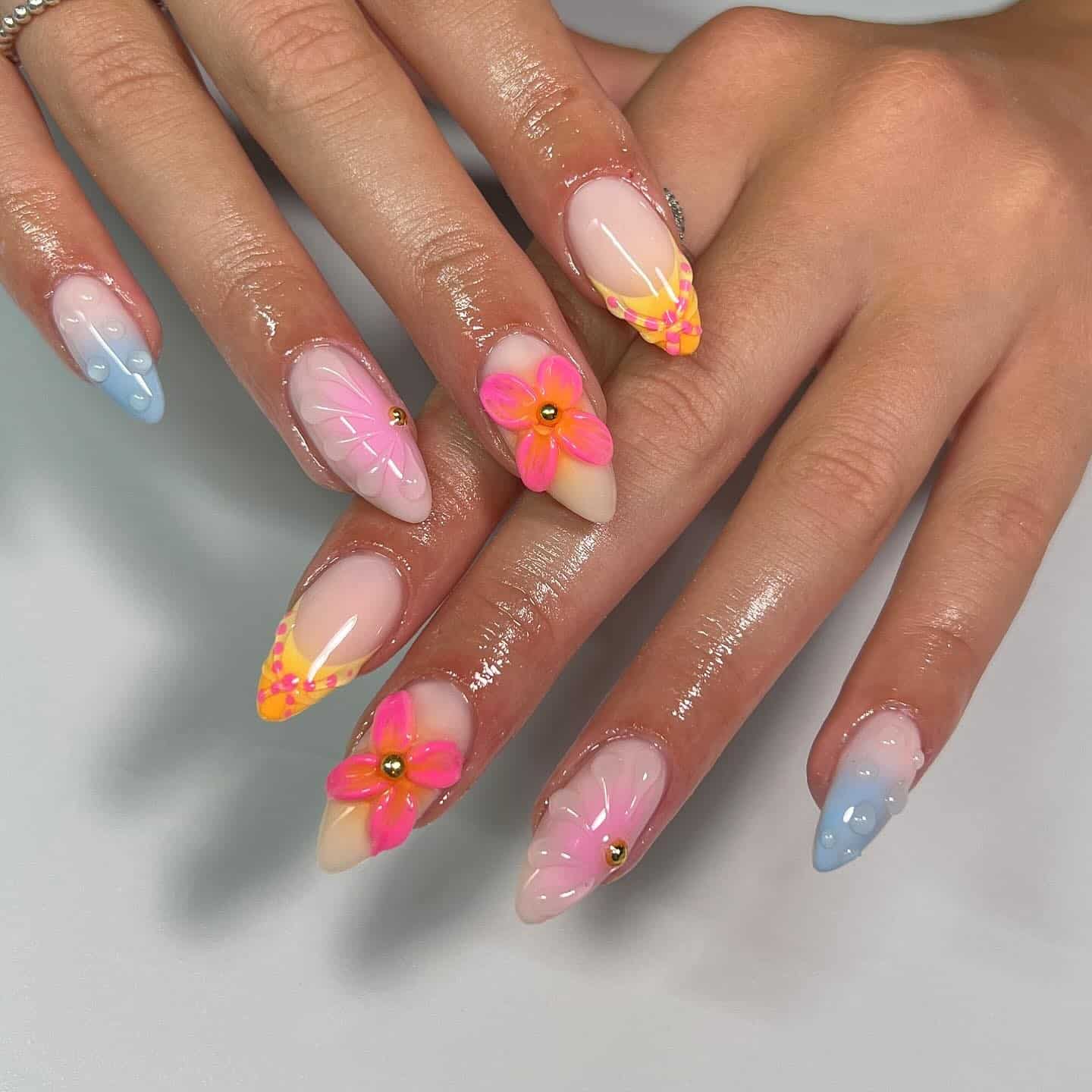 4. Neon Floral Glow Tips - summertime nail ideas