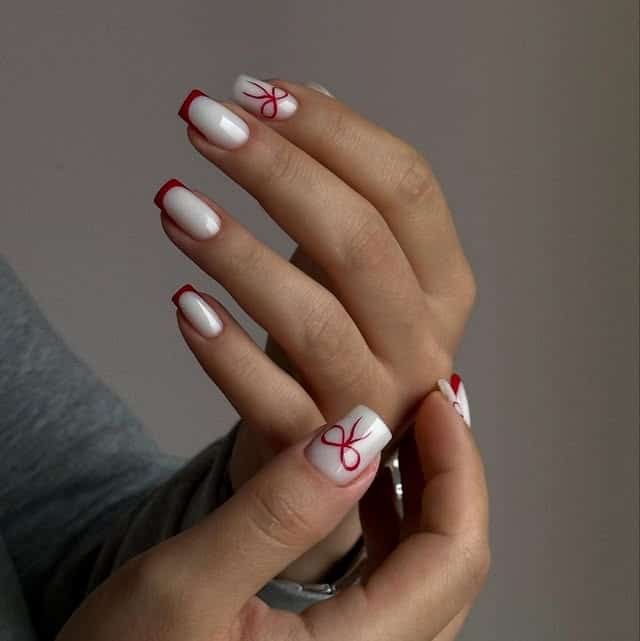 10. Ribbon-Trimmed Red French Squares - summertime nail ideas