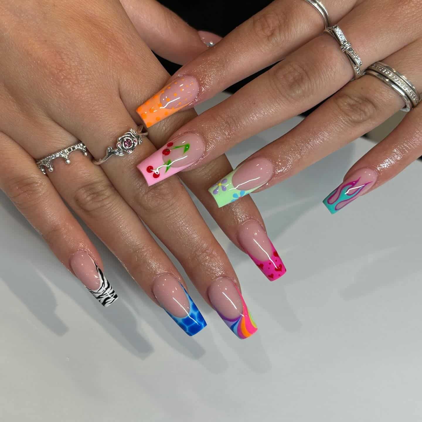15. Rainbow Graphic French Squares - summertime nail ideas