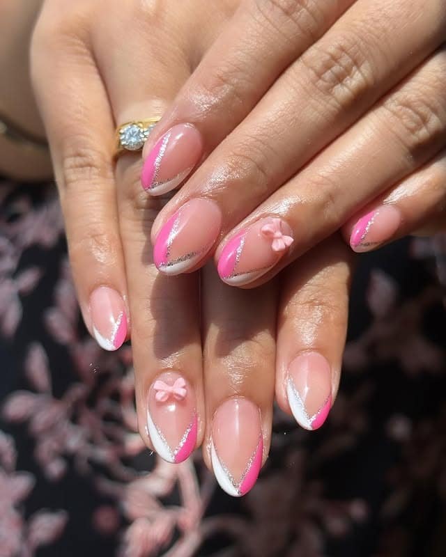 17. Pink Ribbon French Almonds - summertime nail ideas