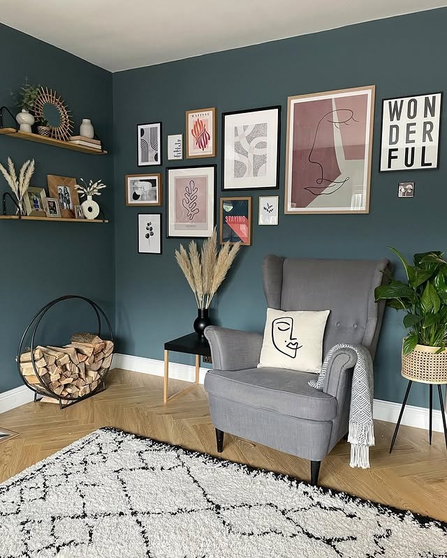 3. Art-Filled Corner in Deep Teal - living room corner ideas