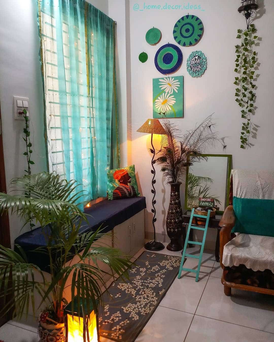 10. Vibrant Artistic Corner with Greens and Blues - living room corner ideas