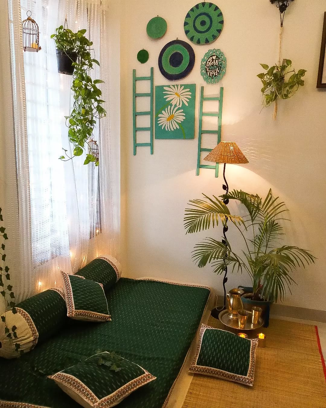 16. Green Lounge with Artistic Accents - living room corner ideas