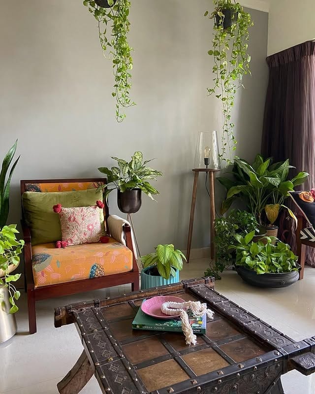 19. Tropical Greens with Bright Pattern - living room corner ideas