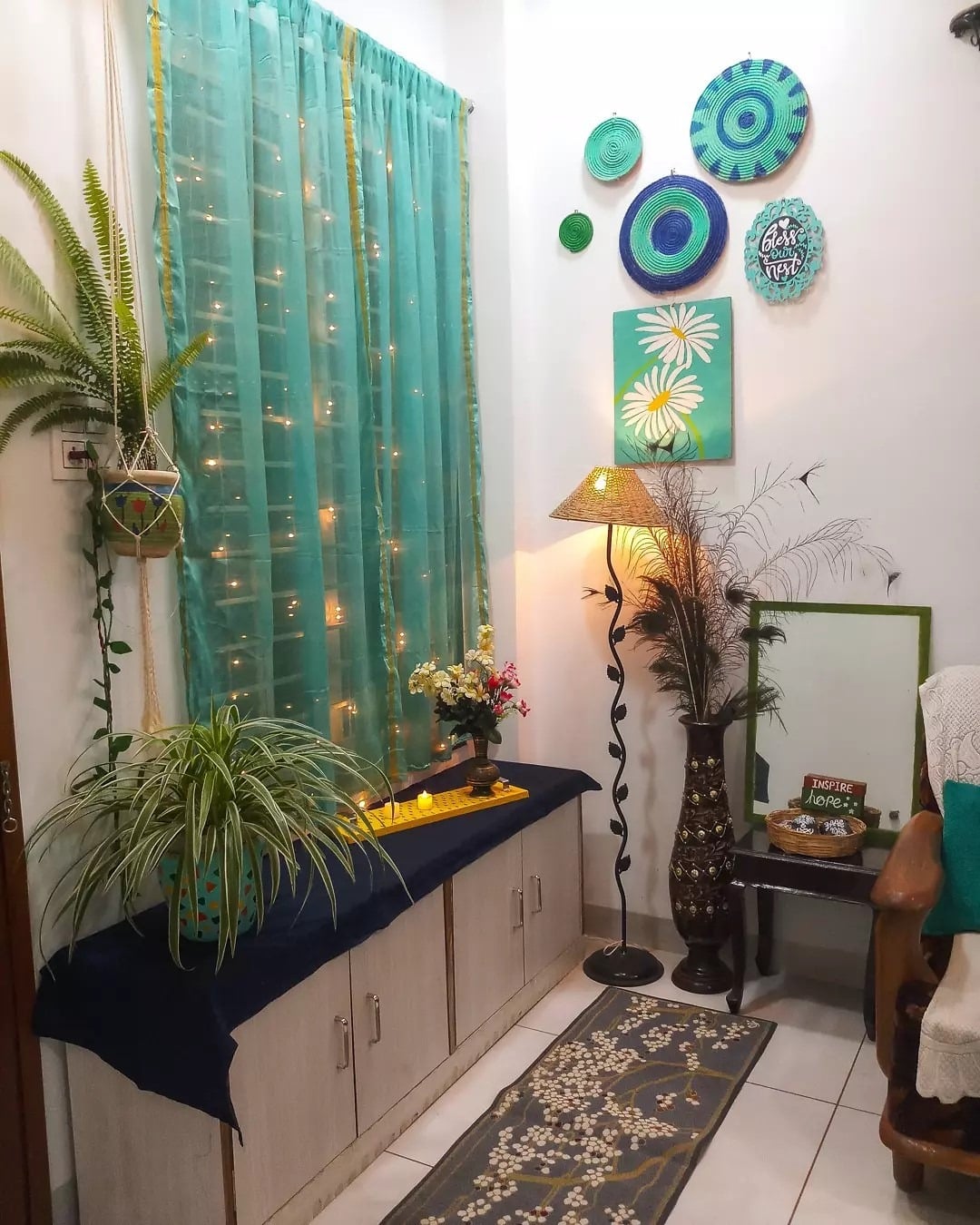 20. Teal Drapes and Decorative Wall Art - living room corner ideas