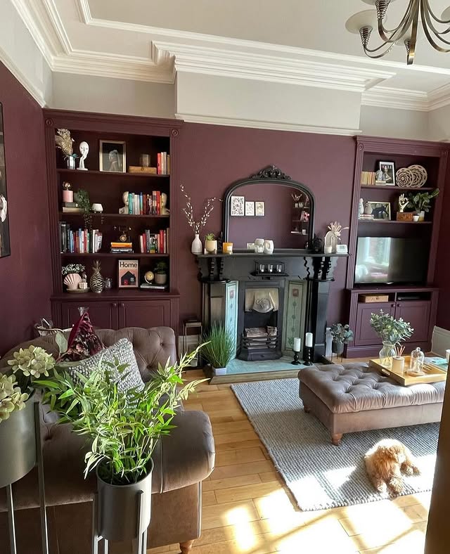 1. Plum Library Living with Charcoal Accents - paint ideas for living room