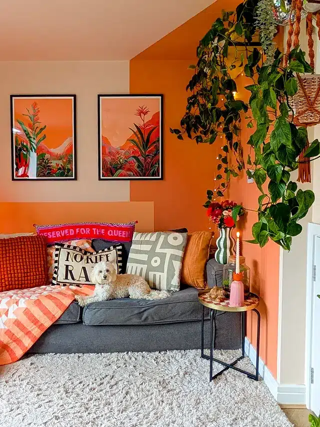 7. Tangerine & Coral Eclectic Corner - paint ideas for living room