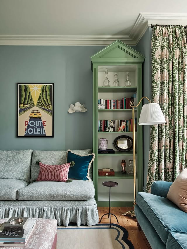 8. Blue-Green Parlor with Mint Cabinetry - paint ideas for living room