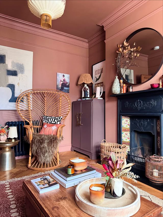 9. Clay Pink Vintage-Inspired Lounge - paint ideas for living room