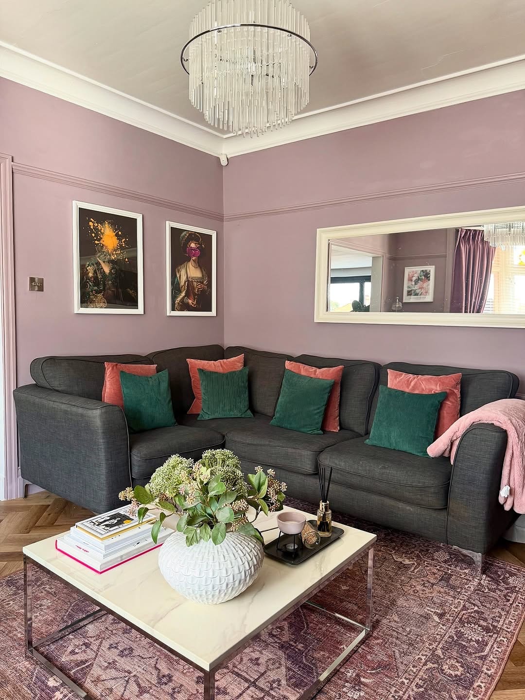 10. Lavender Living Room with Emerald Accents - paint ideas for living room