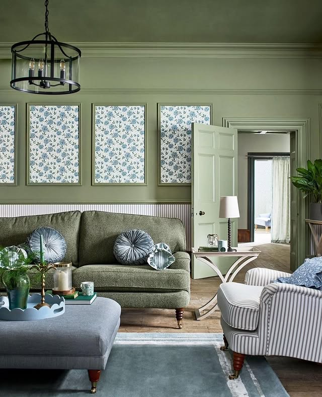 13. Sage Green Traditional Lounge with Botanical Artwork - paint ideas for living room