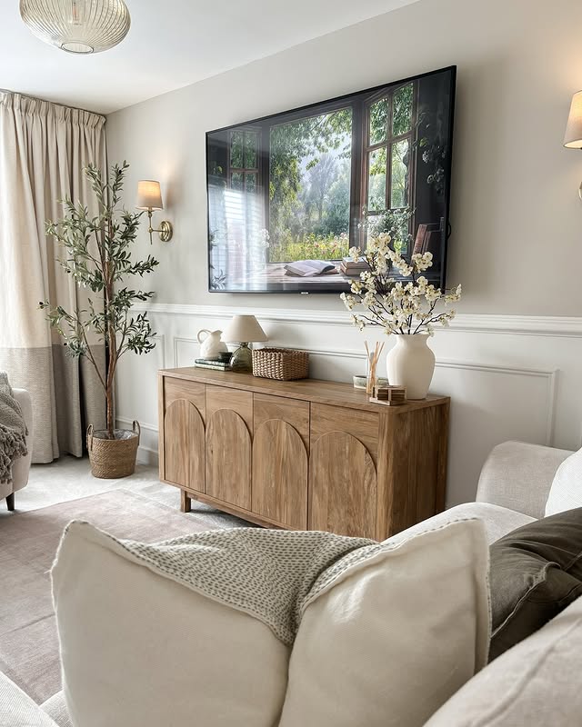 18. Warm White Paneling with Natural Oak Accents - paint ideas for living room