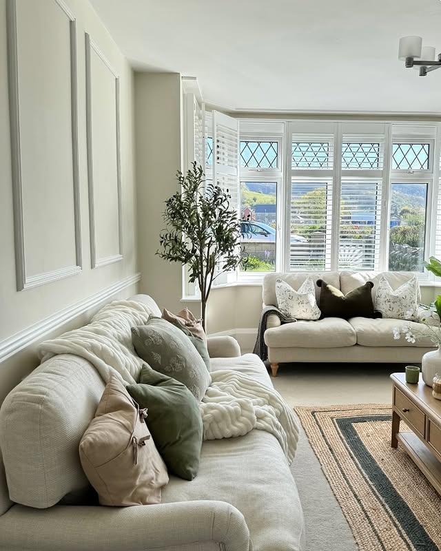 19. Creamy Neutrals with Bay-Window Light - paint ideas for living room
