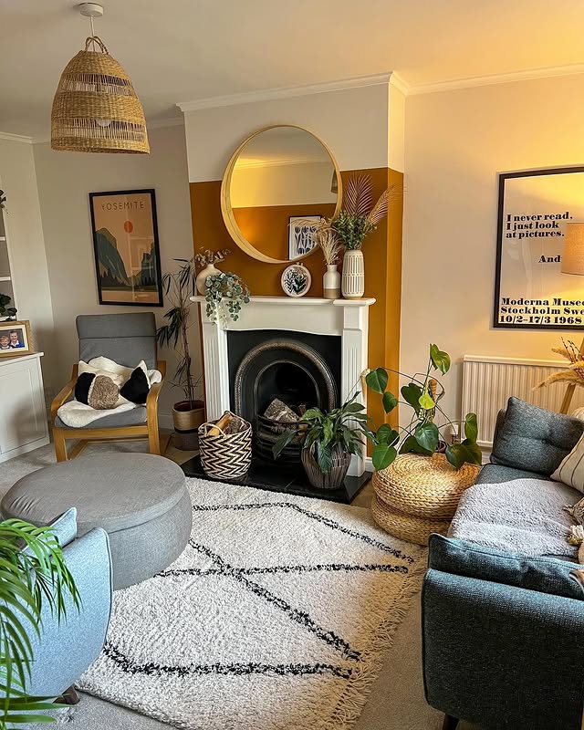 21. Golden Ocher Accent Wall with Warm Neutrals - paint ideas for living room