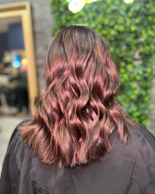 3. Rosy Brown Mid-Length Waves with Light Reflective Ribbons - Red Brown Hair with Highlights