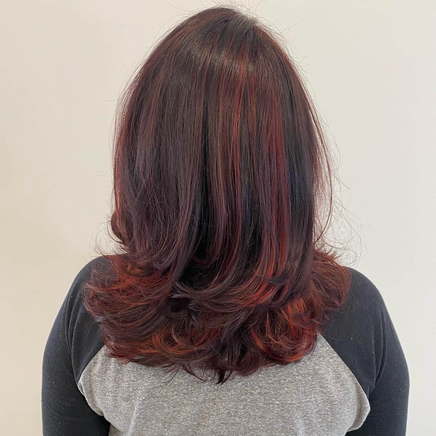 11. Layered Espresso Cut with Ruby Highlights - Red Brown Hair with Highlights
