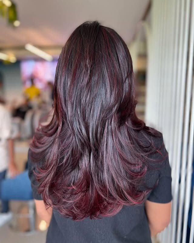 14. Mid-Length Dark Berry Layers with Subtle Lift - Red Brown Hair with Highlights