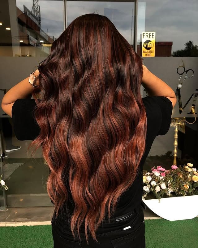 16. Long Espresso Waves with Copper Sweep - Red Brown Hair with Highlights