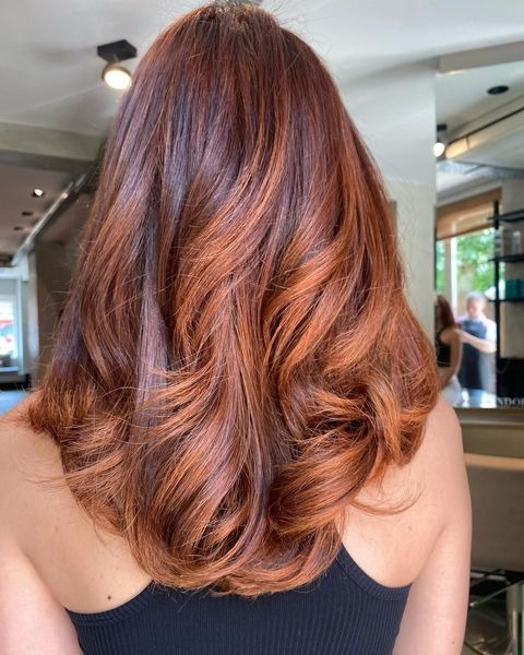 18. Warm Copper Brown Curls with Even Shine - Red Brown Hair with Highlights