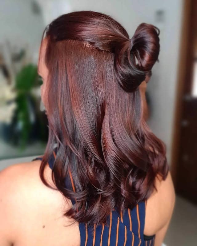 21. Half-Up Red Brown Waves with Soft Ribbon Highlights - Red Brown Hair with Highlights