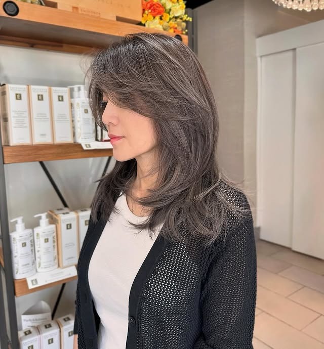 13. Feathered Layered Cut in Smoky Ash Brown - Dark Ash Brown Hair Color