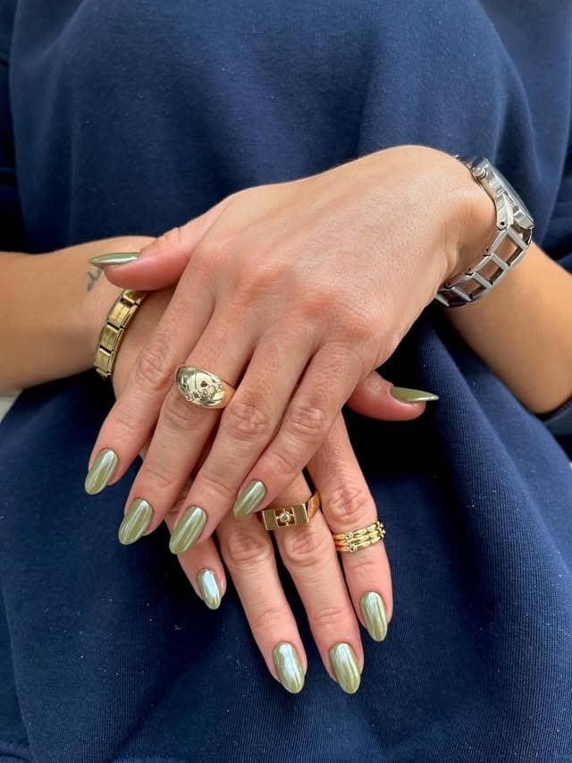 2. Olive Metallic Mirror Nails in a Sleek Almond Shape - turkey nail ideas