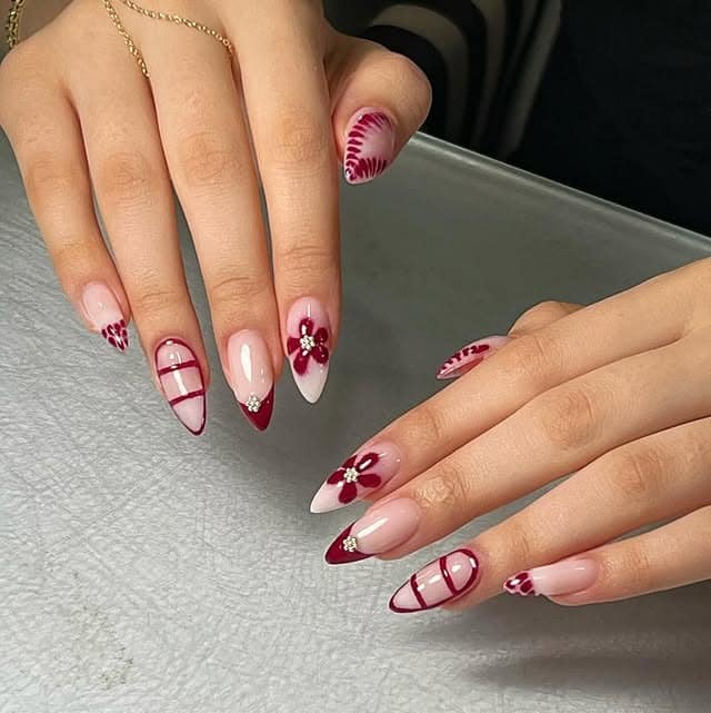 8. Wine Red Floral Nails with Plaid Details - turkey nail ideas