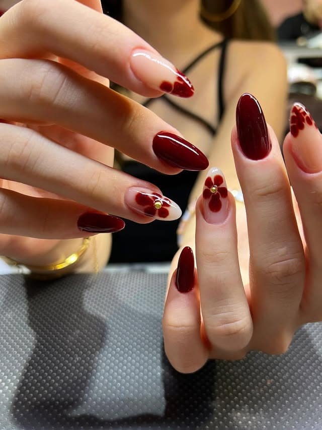 11. Deep Cranberry Floral Almond Nails - turkey nail ideas