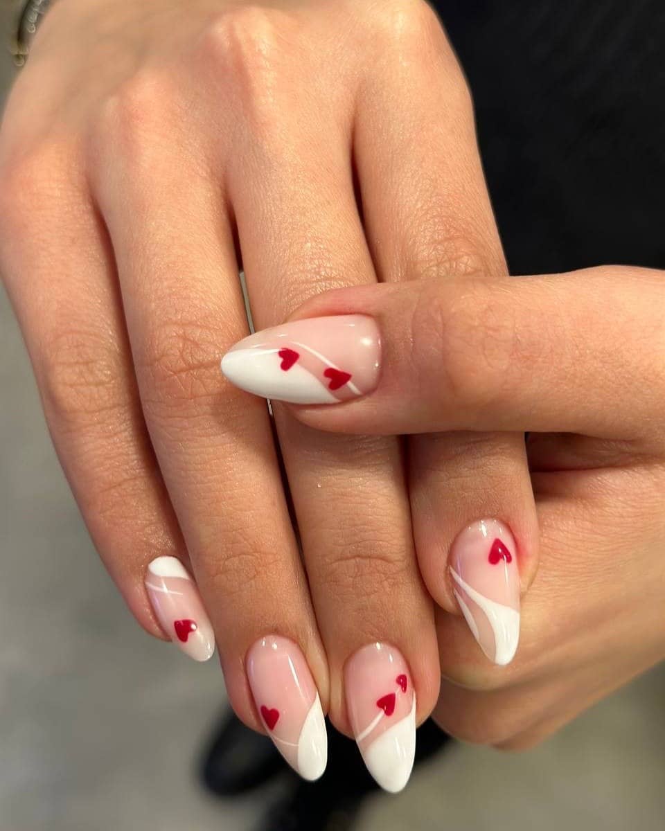 13. White French Swirl Nails with Tiny Red Hearts - turkey nail ideas