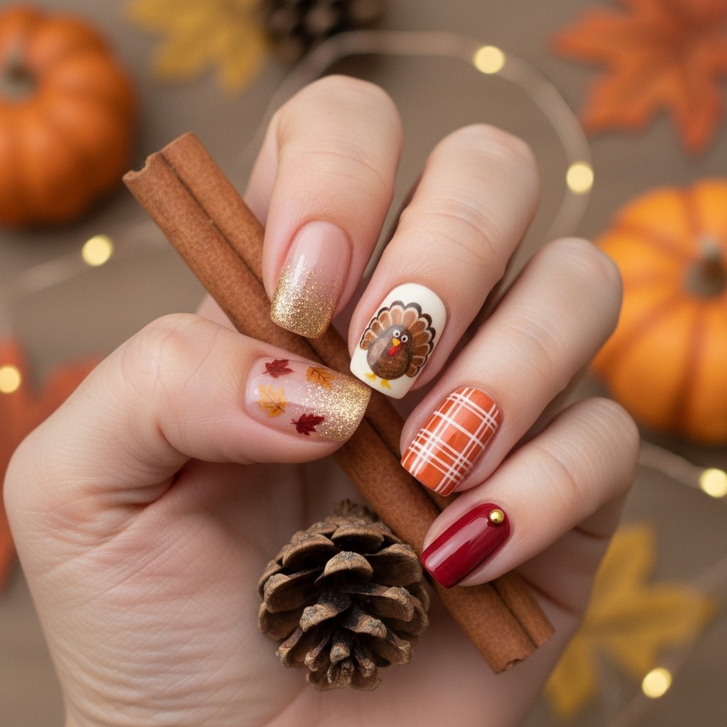 21. Golden Glitter Turkey Nails with Plaid & Fall Leaf Accents - turkey nail ideas