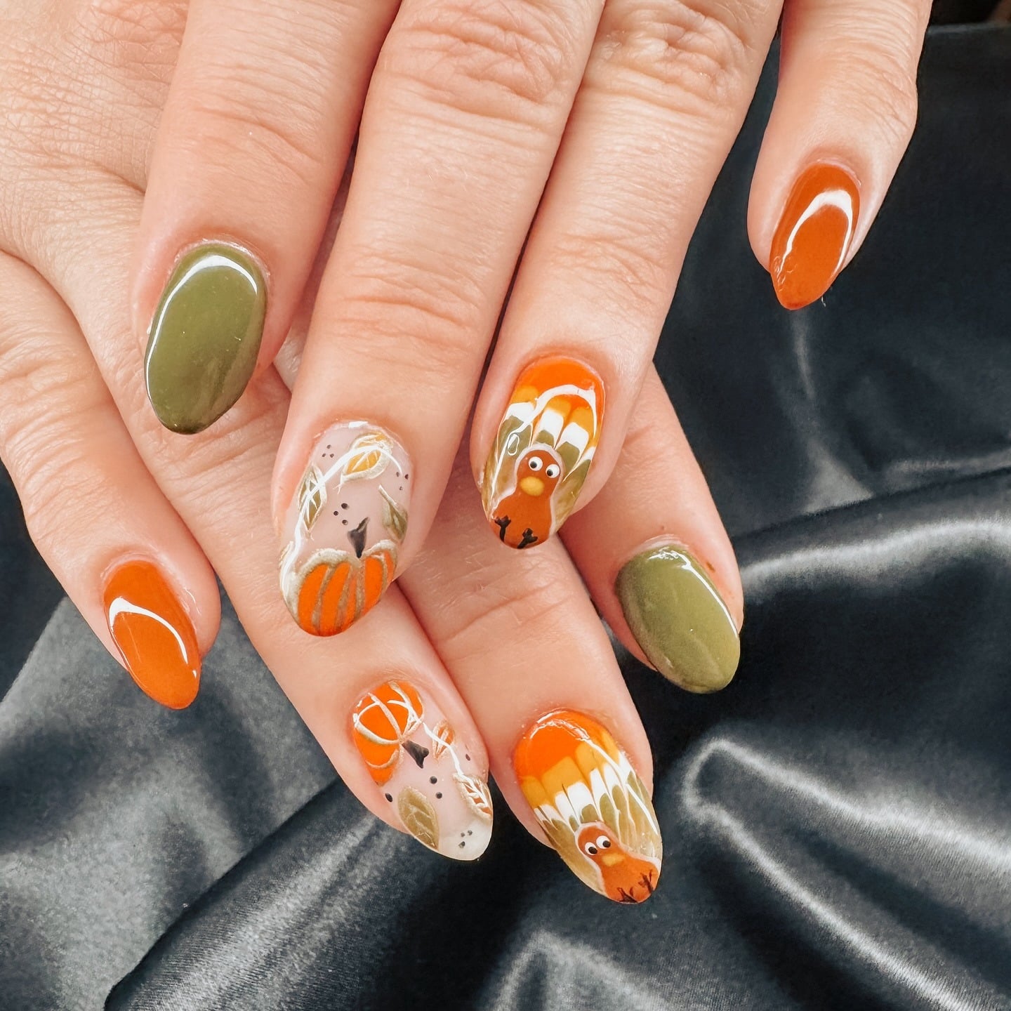 22. Olive & Pumpkin Turkey Nails with Harvest Illustrations - turkey nail ideas
