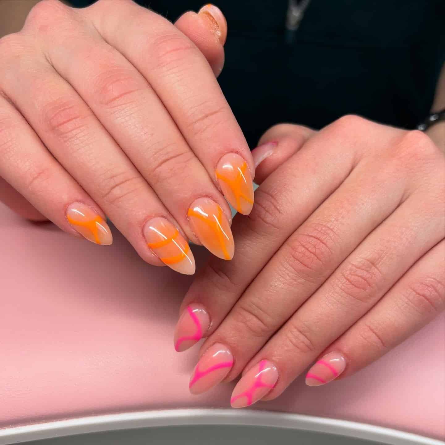 5. Tangerine & Pink Abstract Tips - two tone nail ideas