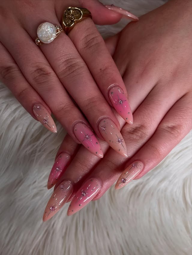 11. Peach-Pink Starlit Gradient Almonds - two tone nail ideas