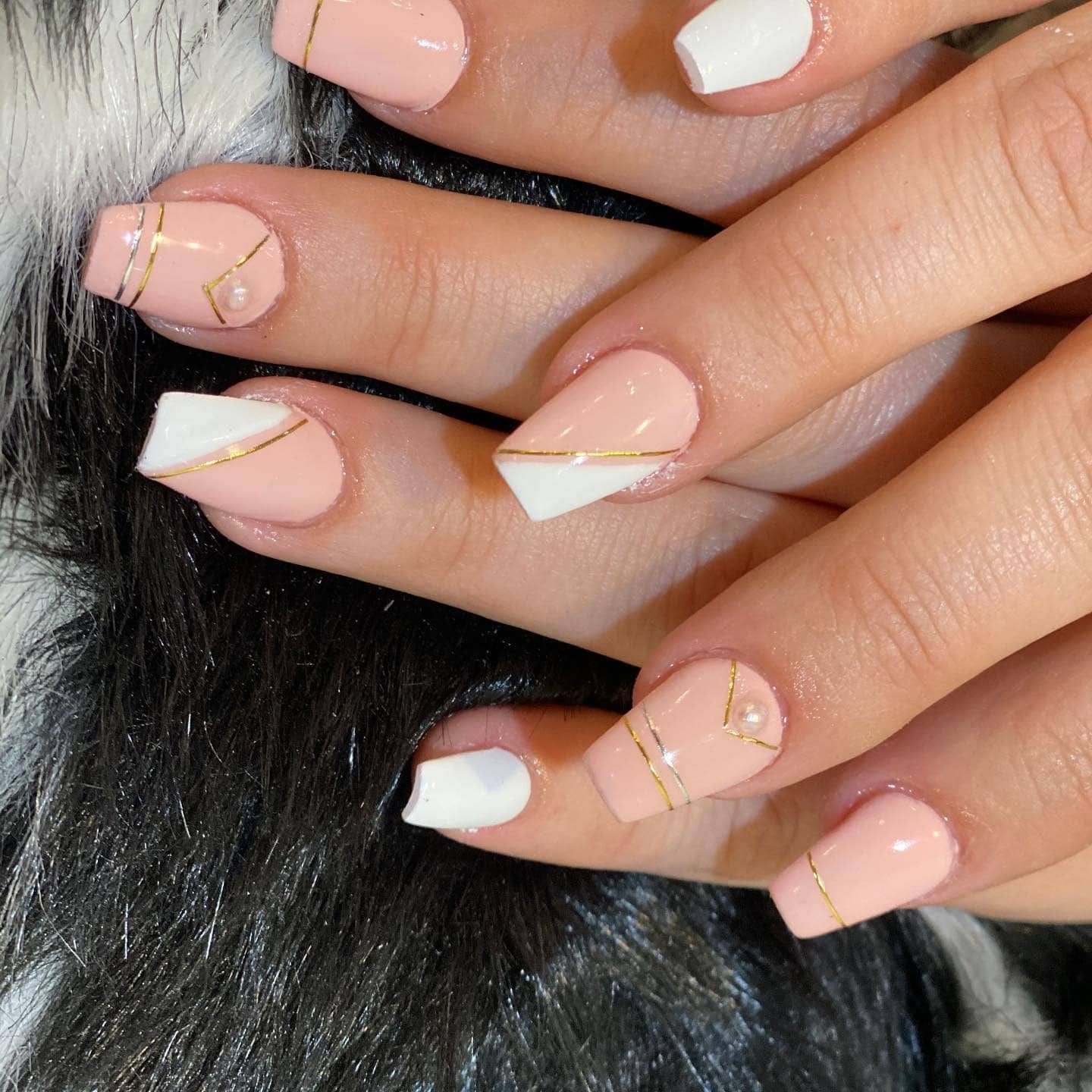 13. Blush & White Geometric Chic - two tone nail ideas