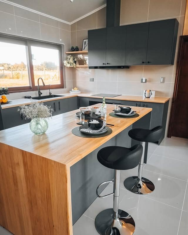 1. Modern Charcoal & Natural Wood Corner Kitchen - tiny house kitchen ideas